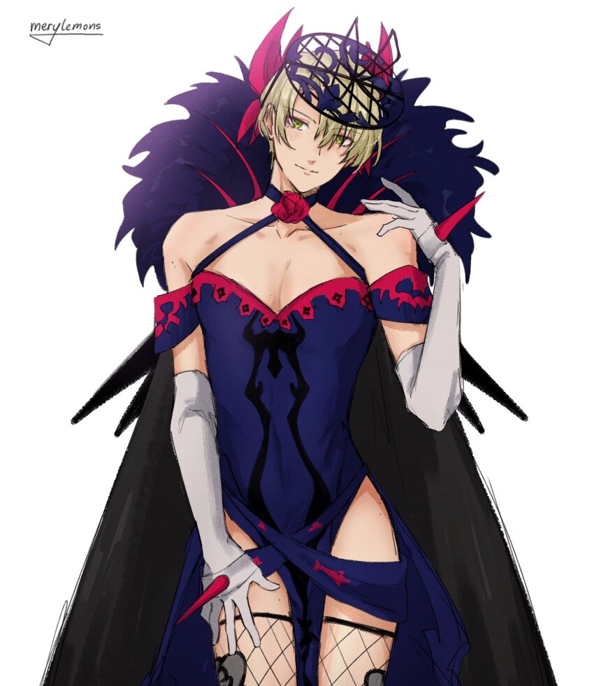 1boy alfred_(fire_emblem) blonde_hair brooch cosplay crossdressing dress fascinator fire_emblem fire_emblem_engage fishnet_thighhighs fishnets flower_brooch gloves highres ivy_(fire_emblem) ivy_(fire_emblem)_(cosplay) merylemons nintendo off-shoulder_dress off_shoulder petals purple_dress rose_petals see-through_clothes see-through_headwear spiked thighhighs thorn_print white_gloves yellow_eyes