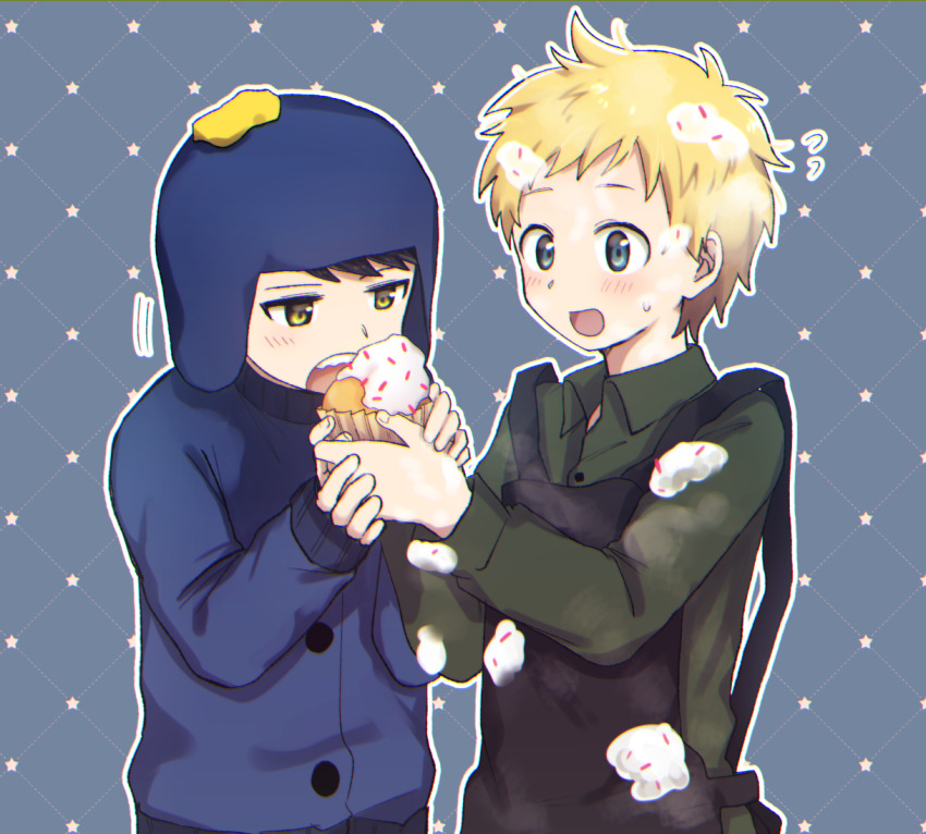2boys animification apron black_hair blonde_hair blue_background blush chullo collared_shirt craig_tucker cupcake eating flying_sweatdrops food food_on_clothes green_eyes holding holding_food icing imminent_bite jacket long_sleeves male_focus multiple_boys open_mouth shirt short_hair smile south_park star_(symbol) star_symbol_background sweat tohachi tweek_tweak yellow_eyes