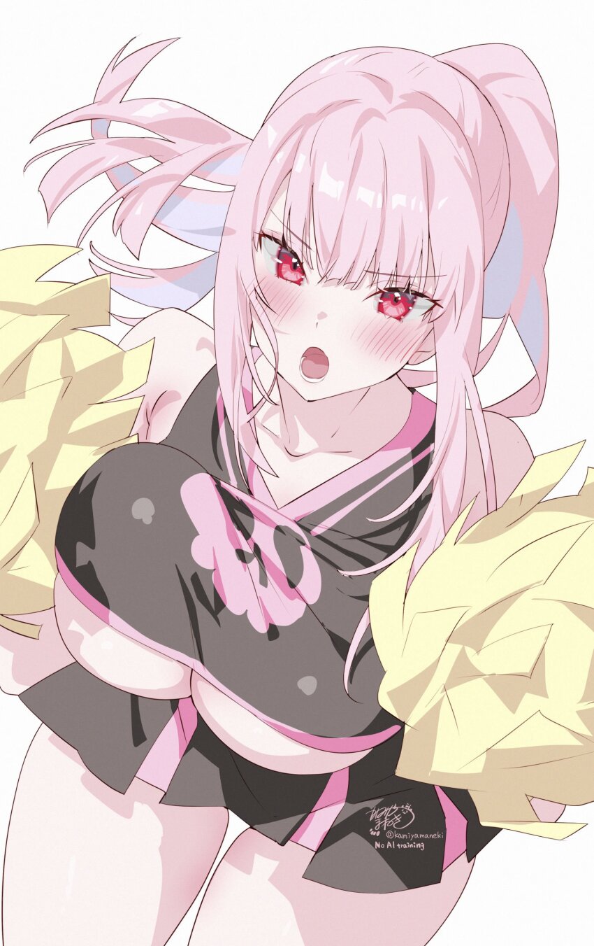 1girl absurdres bare_shoulders black_skirt blush breasts cheerleader collarbone commentary highres holding holding_pom_poms hololive hololive_english kamiya_maneki large_breasts long_hair looking_at_viewer lower_teeth_only mori_calliope open_mouth pink_eyes pink_hair pink_shirt pink_skirt pink_trim pom_pom_(cheerleading) pom_poms ponytail shirt signature simple_background skirt solo teeth thighs twitter_username two-tone_shirt two-tone_skirt underboob virtual_youtuber white_background