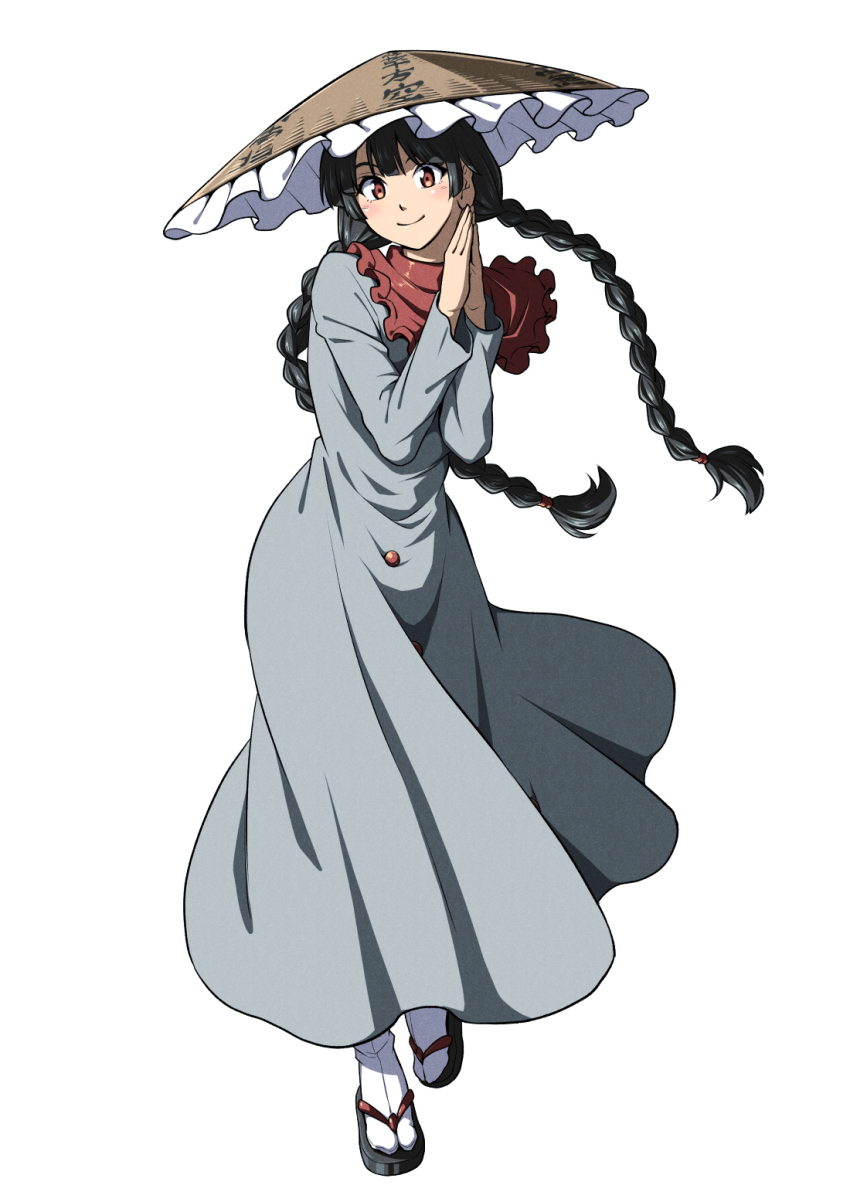 1girl ajirogasa black_hair braid capelet dress full_body grey_dress hat hat_writing highres inuno_rakugaki looking_at_viewer low_twin_braids red_capelet red_eyes side_cape socks solo tabi touhou twin_braids white_background white_socks yatadera_narumi