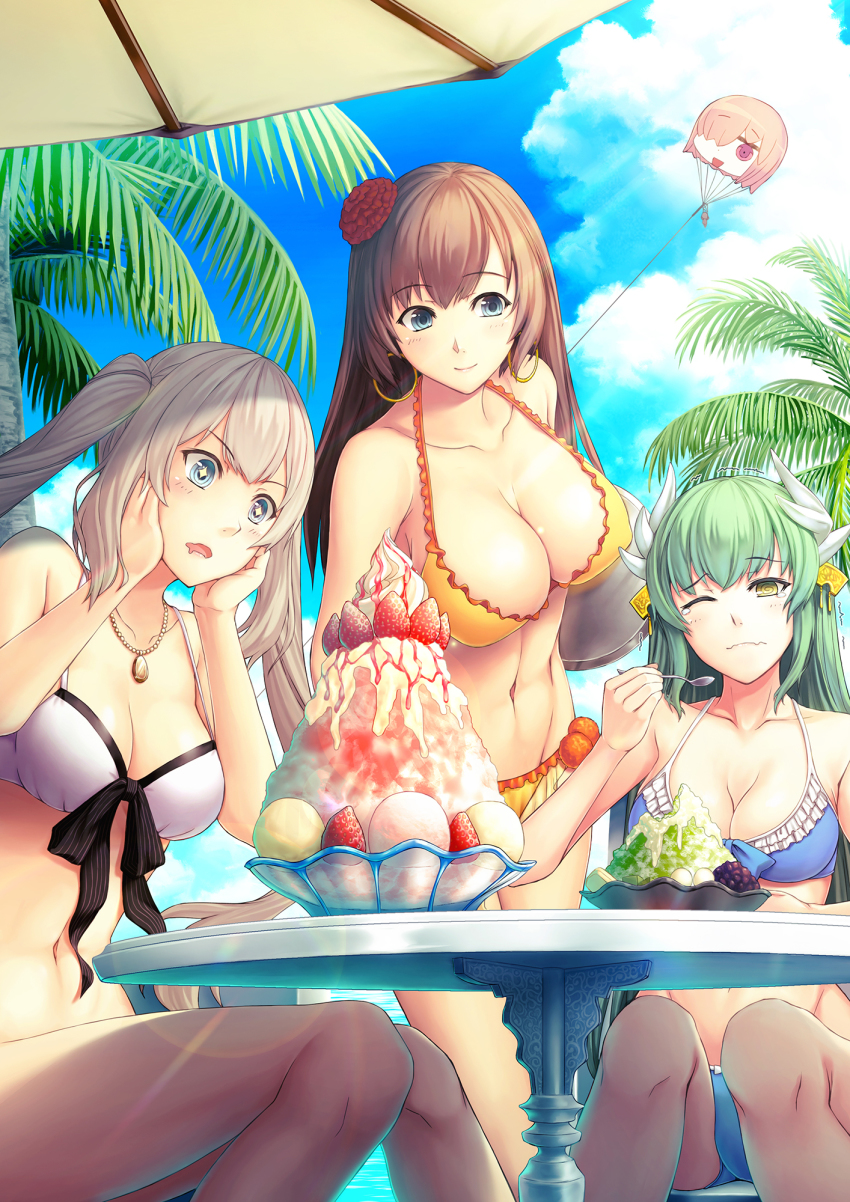 +_+ 3girls @_@ alternate_costume arms_behind_back bikini blue_bikini blue_eyes blush breasts brown_hair character_doll cleavage closed_mouth cloud cloudy_sky collarbone day drooling fate/grand_order fate_(series) food fruit green_hair grey_hair hair_over_one_eye highres horns ice_cream jewelry kite kiyohime_(fate) kiyohime_(fate/grand_order) kiyohime_(swimsuit_lancer)_(fate) kiyohime_(swimsuit_lancer)_(third_ascension)_(fate) large_breasts long_hair long_legs marie_antoinette_(fate) marie_antoinette_(fate/grand_order) marie_antoinette_(swimsuit_caster)_(fate) mash_kyrielight mata_hari_(fate) medium_breasts multiple_girls necklace one_eye_closed open_mouth orange_bikini outdoors palm_tree purple_eyes riyo_(lyomsnpmp)_(style) shaved_ice sitting sky smile strawberry summer sundae swimsuit table taneda_risa tree twintails umbrella voice_actor_connection whipped_cream white_bikini yellow_eyes yume32ki