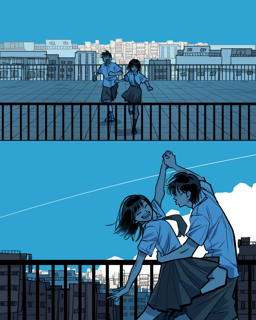 1boy 1girl :d absurdres bag blue_sky blue_theme bridge building cityscape closed_eyes dancing happy highres margare monochrome multiple_boys multiple_girls open_mouth original railing rooftop running school_uniform skirt sky smile