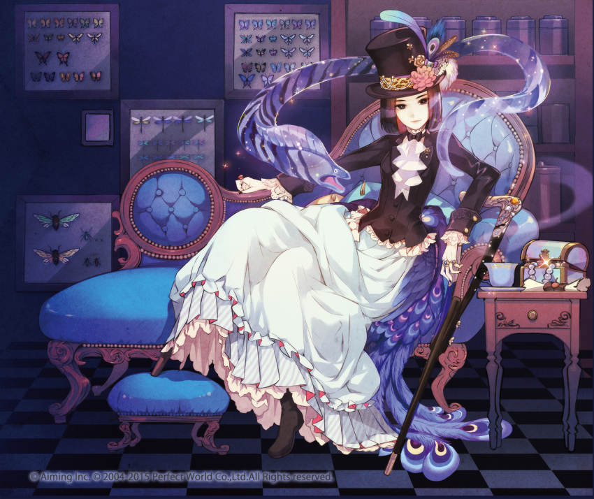 00s 10s 1girl 2004 2015 black_bow black_bowtie black_eyes black_hair black_hat black_jacket black_nails blazer bookshelf boots bow bowtie brown_boots bug butterfly can cane chaise_longue checkered_floor cicada company_name cup dark dragonfly eel english_text female_focus fingernails fish flower flying_fish formal_clothes frills full_body gin_(oyoyo) hat hat_feather hat_flower highres insect jacket jar jewelry long_fingernails long_skirt long_sleeves looking_at_viewer nail_polish necklace original ottoman_(furniture) outstretched_arm peacock_feathers pearl_necklace ring saucer scroll short_hair sitting skirt solo sparkle table teacup tile_floor tiles top_hat traditional_bowtie transparent unworn_jewelry unworn_necklace watermark white_skirt