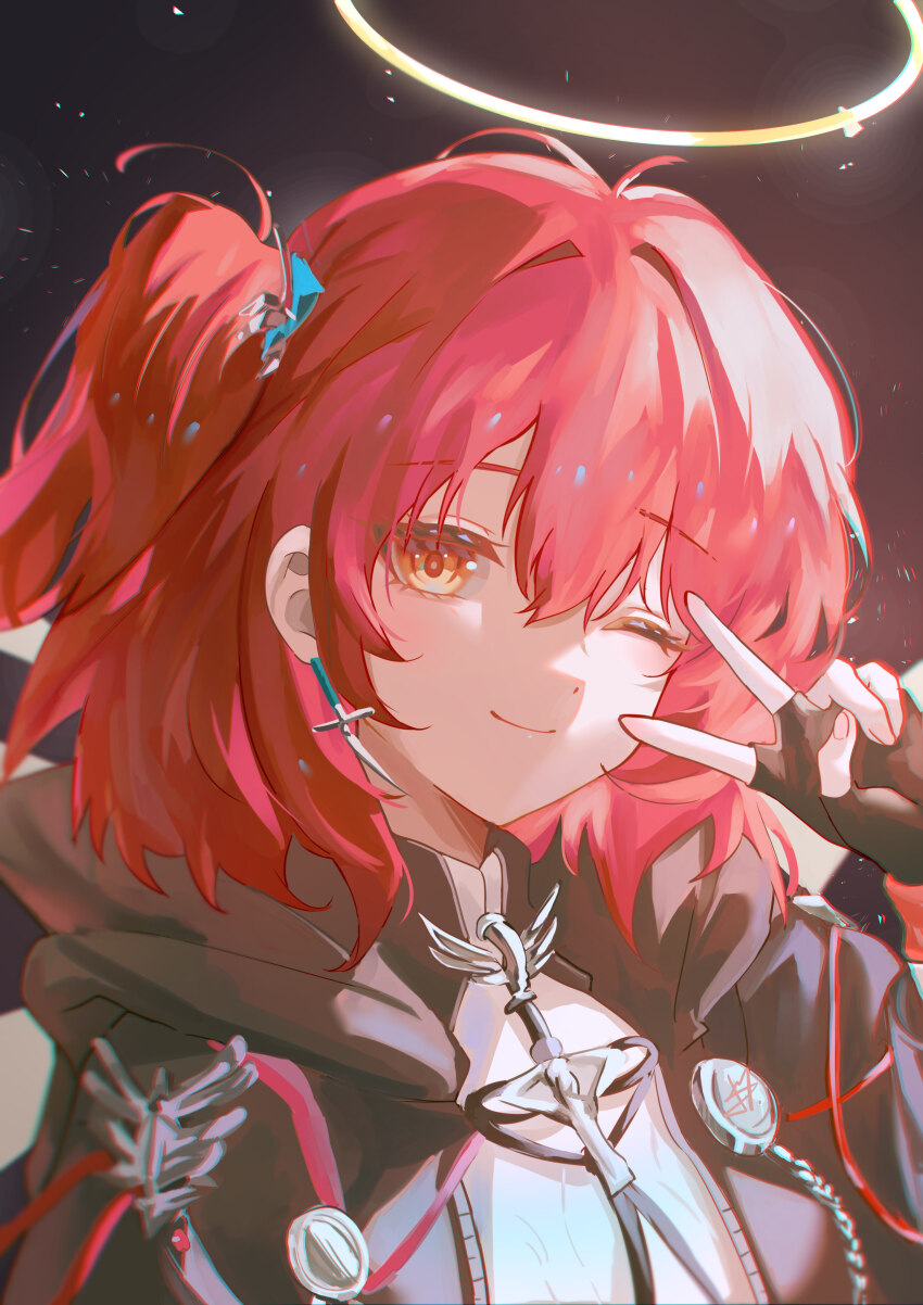1girl ;) absurdres arknights black_gloves closed_mouth commentary_request earrings exusiai_(arknights) fingerless_gloves gloves halo highres jewelry looking_at_viewer one_eye_closed one_side_up red_hair smile solo synzmayu upper_body v yellow_eyes yellow_halo