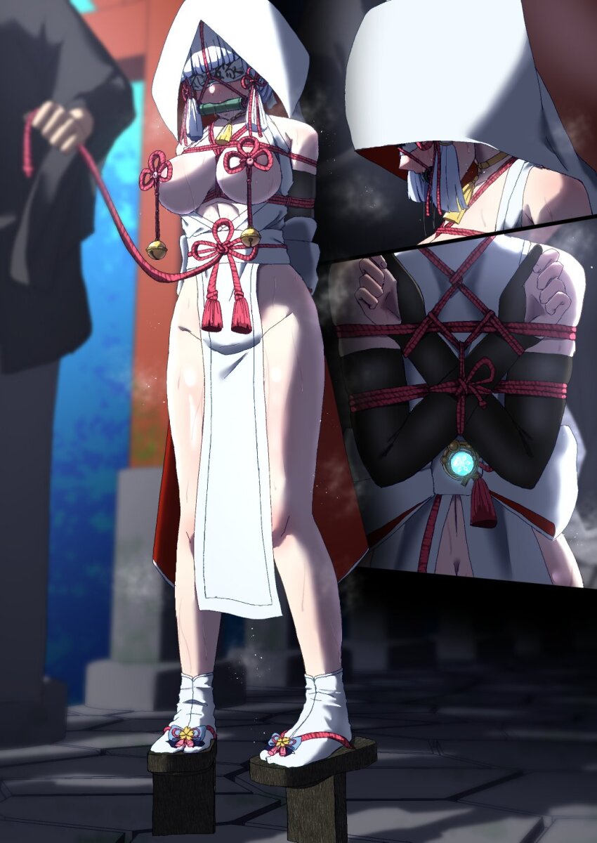 1girl arms_behind_back ayaka_(genshin_impact) bare_shoulders bdsm bit_gag bondage bound bound_arms breasts collar elbow_gloves full_body gag gag_harness gagged genshin_impact geta gloves highres hood japanese_slipper large_breasts leash saliva shibari shibari_over_clothes slave standing tengu-geta zetsu_red
