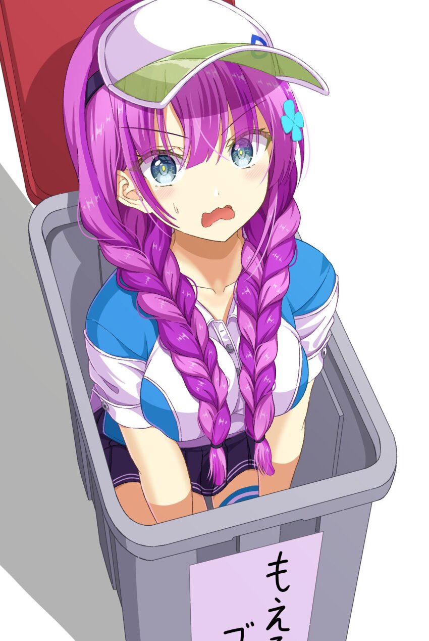 1girl black_hair braid breasts date_akari grey_eyes happy_birthday heaven_burns_red highres in_container in_trash_can long_hair mochimugi_rice multicolored_hair purple_hair solo sportswear tennis_uniform trash_can twin_braids