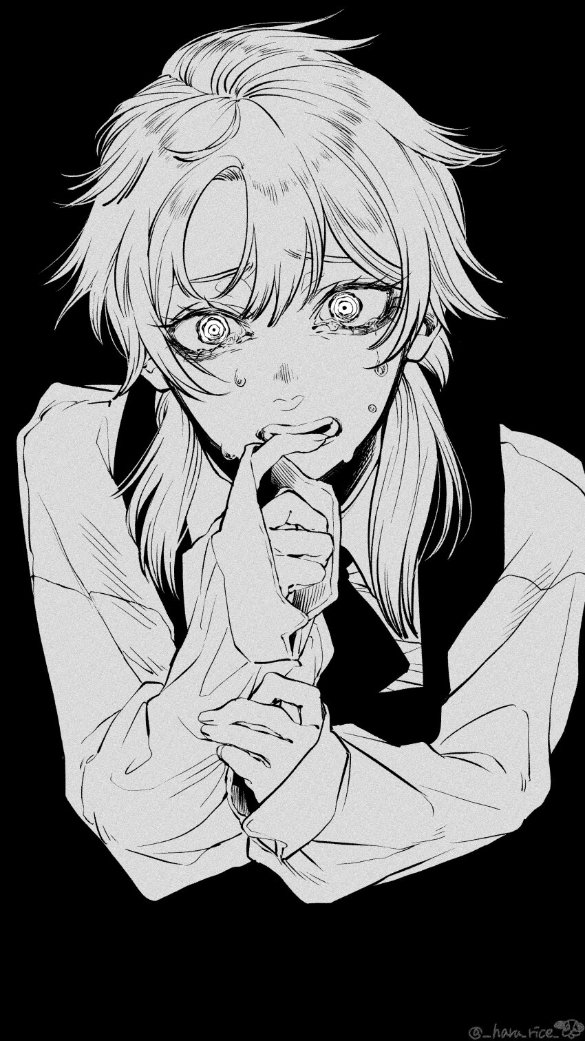 1girl absurdres biting_own_finger chainsaw_man collared_shirt commentary_request crying crying_with_eyes_open death_devil_(chainsaw_man) dress fourth_east_high_school_uniform greyscale haru_rice highres looking_at_viewer medium_hair messy_hair monochrome pinafore_dress ringed_eyes school_uniform shirt sleeveless sleeveless_dress solo tears