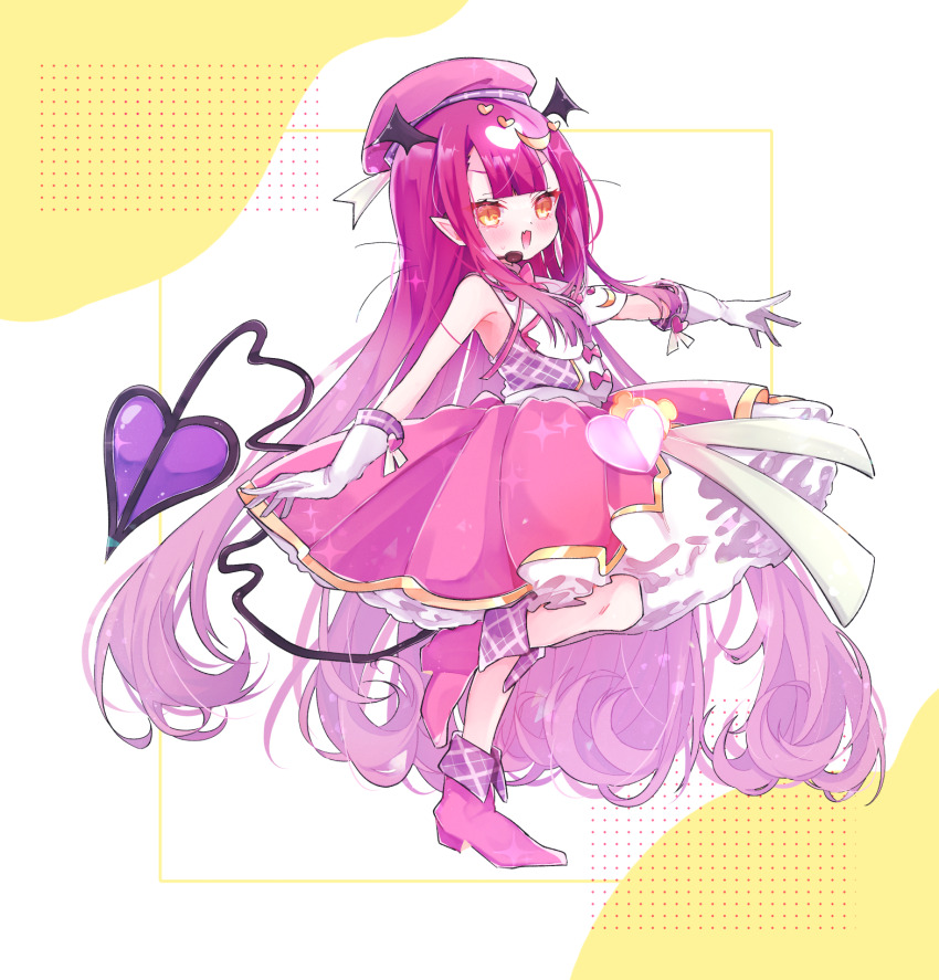 1girl 3_(8315684) alternate_costume bare_shoulders blush boots child demon_girl demon_tail dot_nose dress eyebrows eyelashes female_focus foot_up from_side gloves hat head_wings highres idol long_hair looking_at_viewer looking_to_the_side maou-jou_de_oyasumi open_mouth outstretched_arms pink_boots pink_dress pink_hat purple_hair simple_background sleeveless sleeveless_dress solo standing standing_on_one_leg succyun tail two-tone_background two-tone_dress very_long_hair white_background white_dress white_gloves wings yellow_background yellow_eyes