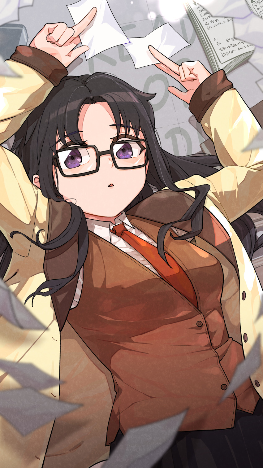 1girl absurdres between_fingers black-framed_eyewear black_hair blurry blurry_foreground book coat commentary fcgc_(friedalwaysgood) flying_paper glasses highres holding long_hair long_sleeves looking_at_viewer lying necktie on_back open_book open_clothes paper parted_bangs parted_lips purple_eyes read_or_die rectangular_eyewear red_necktie shirt skirt solo upper_body vest yomiko_readman