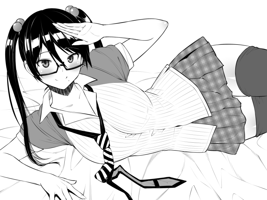 1girl black_eyes black_hair black_thighhighs breasts closed_mouth greyscale medium_breasts mole mole_under_mouth monochrome necktie original plaid_clothes plaid_skirt sanagi_torajirou semi-rimless_eyewear short_sleeves skirt smile solo thighhighs twintails unmoving_pattern