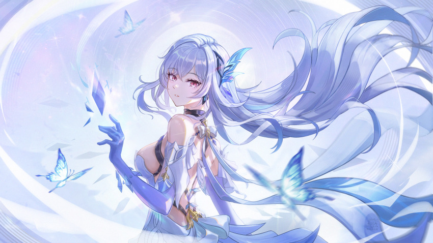 1girl back_fin backless_dress backless_outfit breasts bug butterfly dress floating_hair genshin_impact grey_hair hair_ornament highres insect long_hair looking_at_viewer looking_back manyu_chapaofan medium_breasts parted_lips prosthesis prosthetic_arm purple_eyes purple_hands skirk_(genshin_impact) solo upper_body white_dress