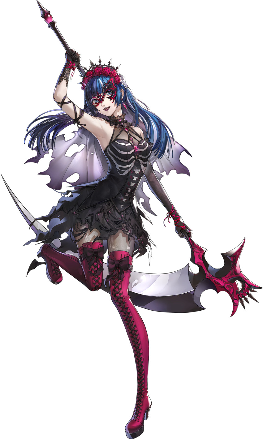 1girl aqua_hair armpits artist_request bare_shoulders berry_(p5x) black_dress blue_eyes blue_hair breasts bridal_veil dress earrings floating_hair flower full_body head_wreath highres holding holding_scythe holding_weapon jewelry lips mask masked multicolored_hair official_art persona persona_5 persona_5:_the_phantom_x purple_lips red_flower red_rose rose scythe shikano_ichigo short_dress sleeveless sleeveless_dress small_breasts smile solo standing standing_on_one_leg third-party_source torn_clothes torn_veil transparent_background veil weapon white_hair