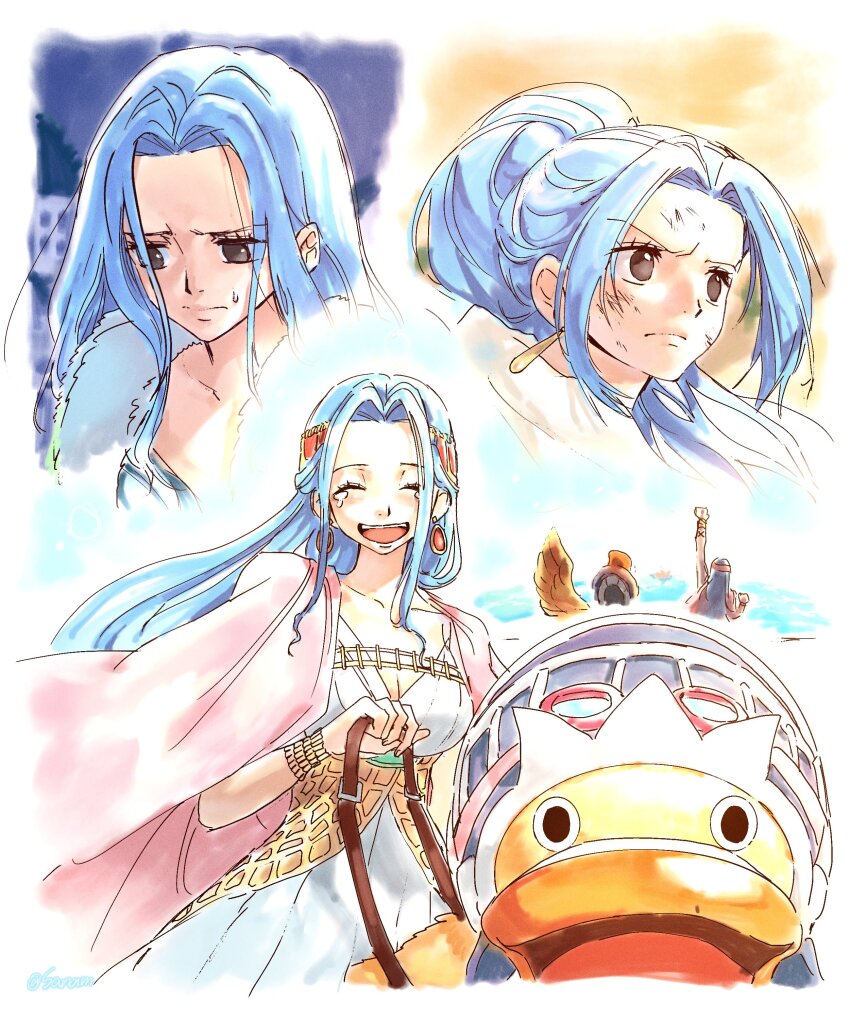 1girl ^_^ absurdres bird blue_hair bracelet brown_eyes closed_eyes closed_mouth commentary_request dress duck earrings highres jewelry karoo_(one_piece) korean_commentary long_hair looking_at_viewer multiple_views nefertari_vivi one_piece ponytail sanam_1piece sidelocks sweatdrop white_dress