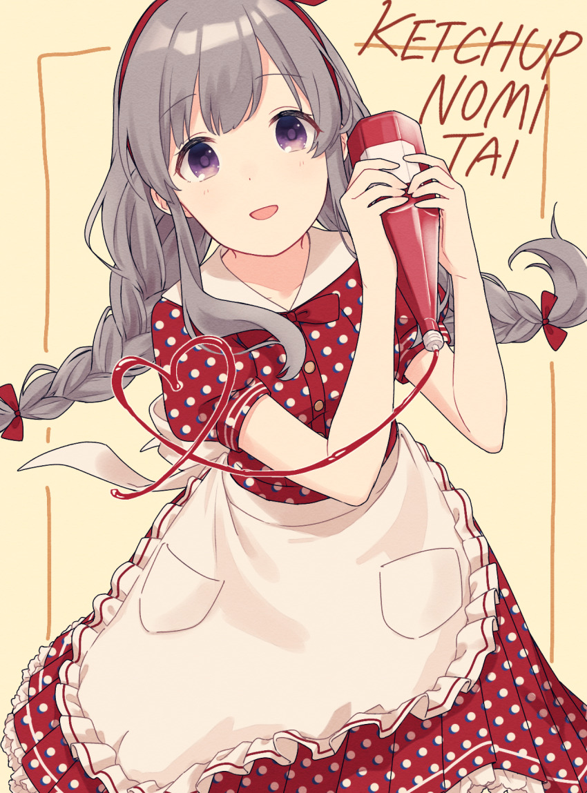 1girl apron blue_eyes bottle bow braid dress hair_bow highres holding holding_bottle idolmaster idolmaster_shiny_colors ketchup_bottle open_mouth pachiko pleated_dress polka_dot polka_dot_dress red_bow red_dress smile solo twin_braids waist_apron white_apron yukoku_kiriko