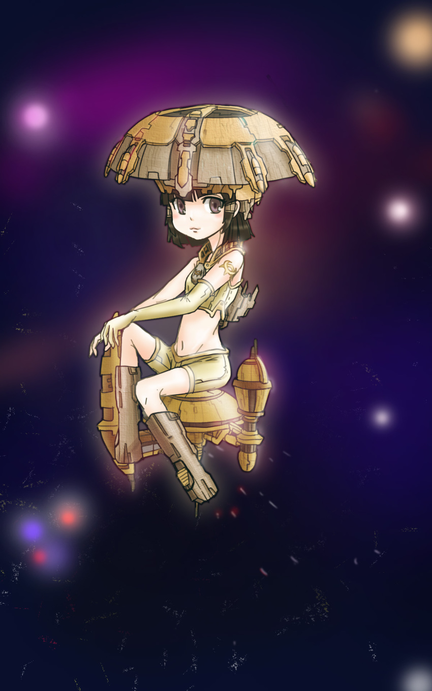 1girl :3 amarr_empire_(eve_online) armored_boots avatar_(eve_online) bare_shoulders black_hair boots brown_eyes capital_ship_(eve_online) closed_mouth combat_ship_(eve_online) elbow_gloves emblem eve_online female_focus full_body giant giantess gloves highres jung.u.j. light_blush looking_at_viewer mecha_musume mechanical_boots midriff military military_vehicle navel outdoors personification ship short_hair short_shorts shorts sidelocks sitting smile solo space space_station spacecraft spaceship stomach super_capital_ship_(eve_online) support_ship_(eve_online) tagme titan_(eve_online) warship watercraft yellow_gloves yellow_shorts