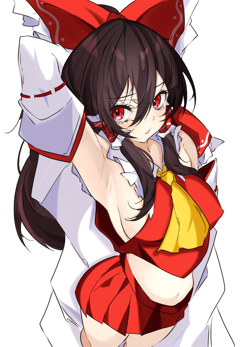 1girl absurdres arm_at_side arm_behind_head arm_up armpits ascot bare_shoulders black_hair bow breasts commentary cowboy_shot crop_top detached_sleeves hair_between_eyes hair_bow hair_tubes hakurei_reimu highres large_bow large_breasts long_hair looking_at_viewer midriff miniskirt parted_lips red_bow red_eyes red_skirt sideways_glance skirt solo touhou unanooo_(fthx7532) yellow_ascot