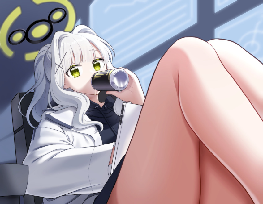 1girl ando_(user_hyza3545) black_hoodie blue_archive boots can chair commentary_request drawstring drink_can energy_drink feet_out_of_frame green_eyes green_hair hair_intakes halo hare_(blue_archive) highres hood hoodie indoors jacket knees_up lace-up_boots long_hair long_sidelocks long_sleeves looking_at_viewer monitor open_clothes open_jacket ponytail sidelocks sitting solo thighs white_hair white_jacket