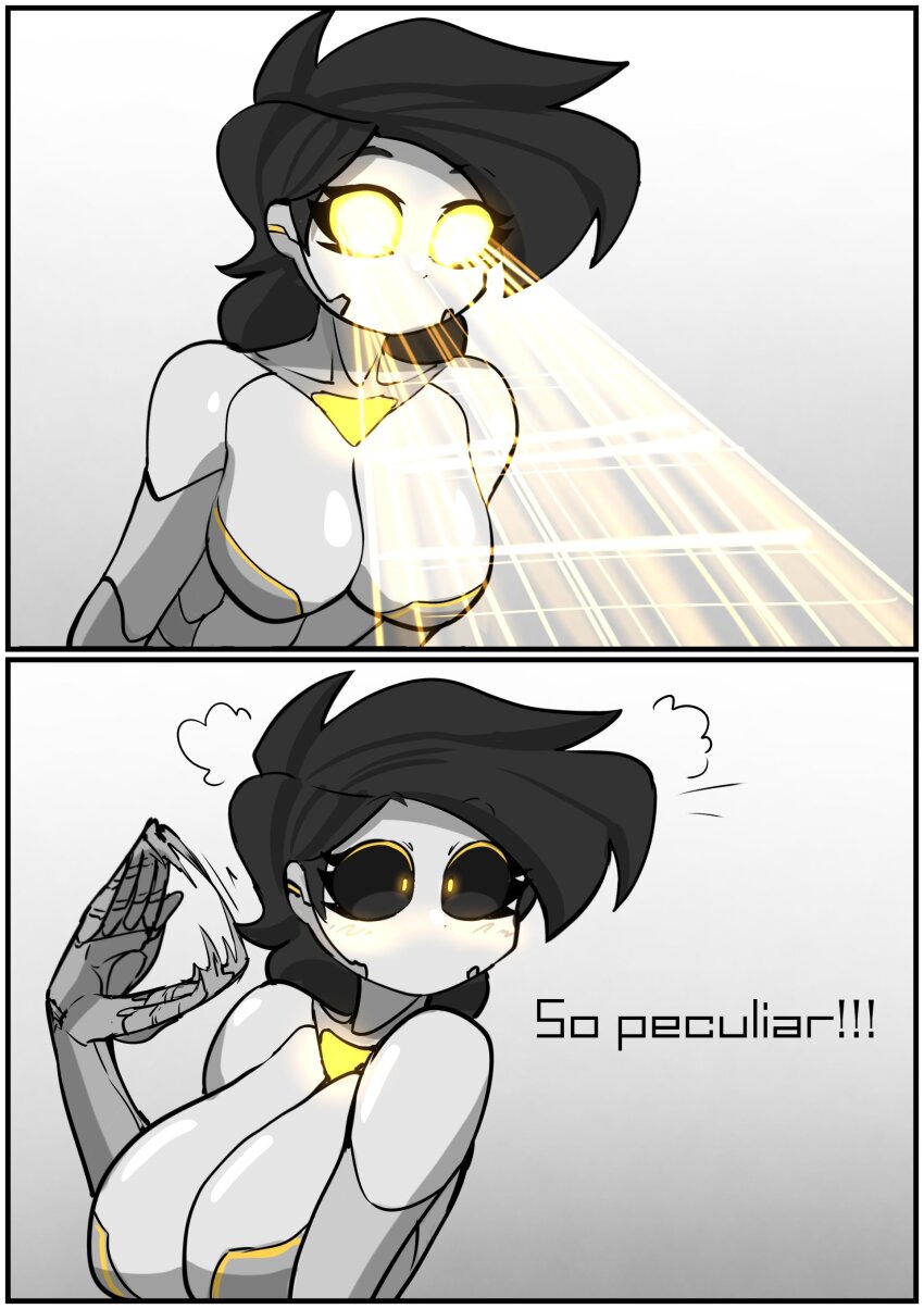 1girl 2koma absurdres black_hair black_sclera blush breasts colored_sclera comic english_text eyelashes glowing glowing_eyes hado_(zzzhadozzz) highres large_breasts medium_breasts no_mouth original robot_girl short_hair solo yellow_eyes