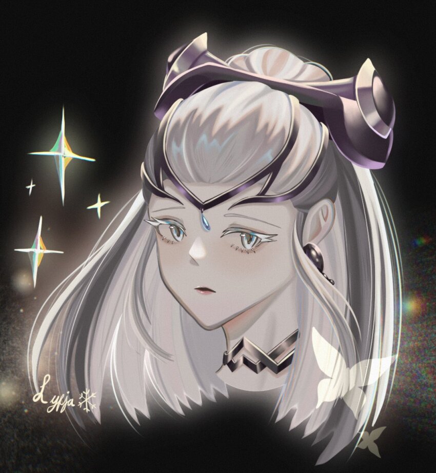 black_choker black_tiara blue_eyes choker donnetramirez earrings eir_(fire_emblem) fire_emblem fire_emblem_heroes jewelry long_hair nintendo ponytail sidelocks tiara white_hair