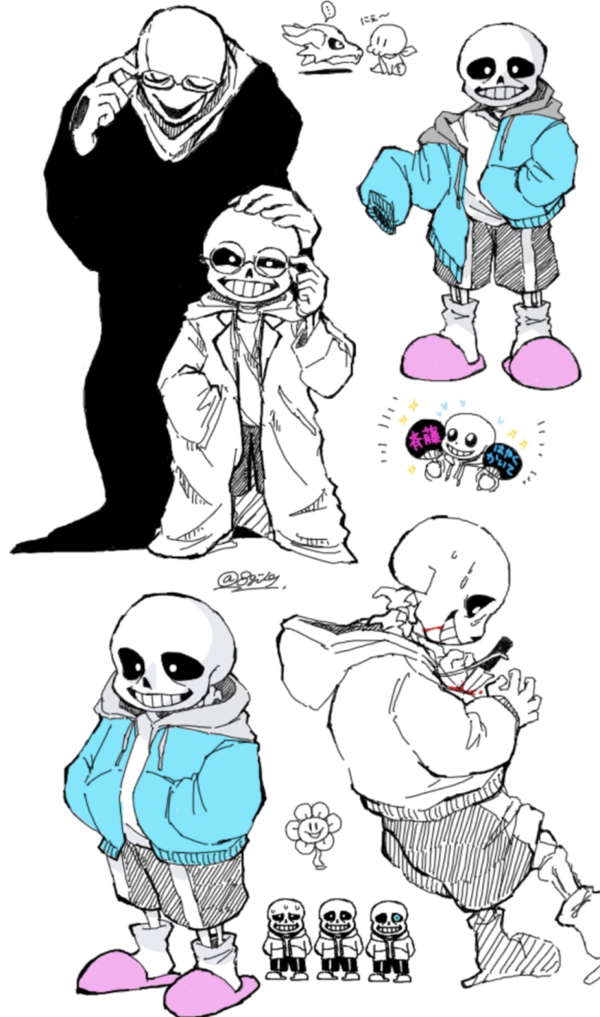 3boys black_shorts blood blue_jacket closed_eyes flowey_(undertale) full_body glasses grin highres jacket knife lab_coat male_focus multiple_boys multiple_views open_mouth pink_slippers sakekuzu_no_ame sans_(undertale) shorts simple_background skeleton slippers smile stab sweat teeth undertale w.d._gaster white_background