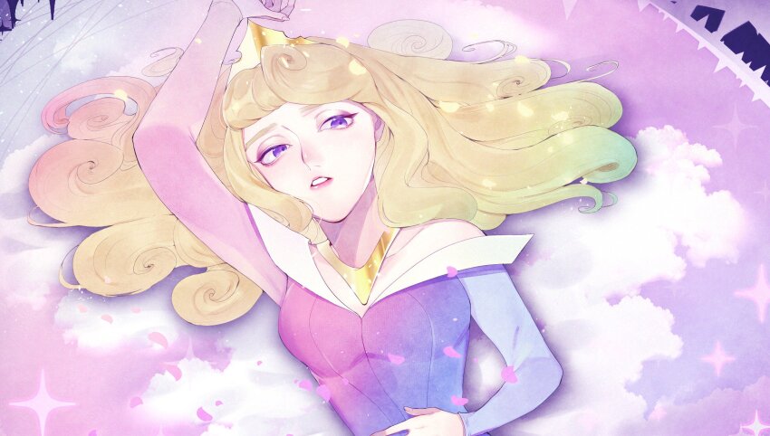 1girl animification aurora_(disney) blonde_hair blue_eyes dress highres long_hair long_sleeves looking_at_viewer makeup mermaid monster_girl pink_dress princess purple_eyes rl10_02 sleeping_beauty solo tiara upper_body