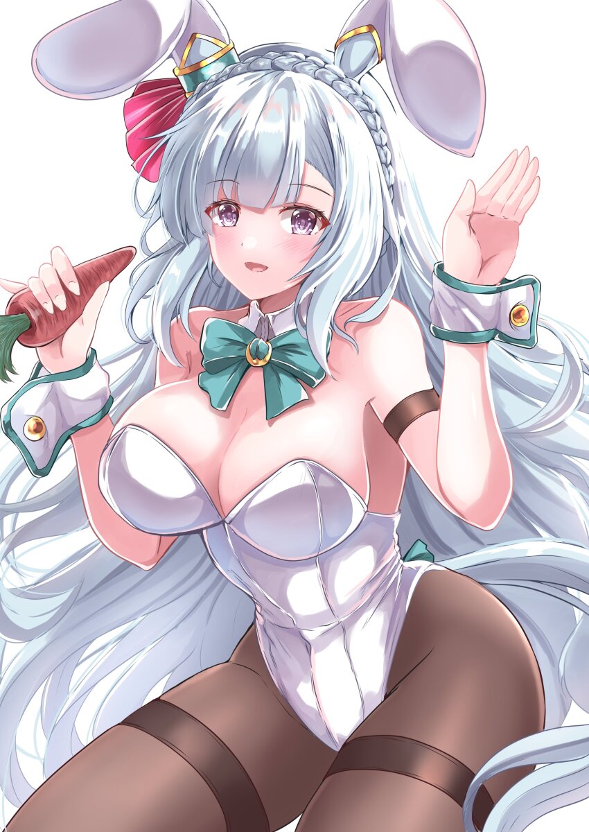 1girl absurdres animal_ears armband blue_hair bow bowtie braid brown_pantyhose carrot commentary_request crown_braid detached_collar green_bow green_bowtie highres horse_girl horse_tail kentan_(kingtaiki) leotard long_hair looking_at_viewer mejiro_ardan_(umamusume) pantyhose playboy_bunny purple_eyes rabbit_ears rabbit_pose rabbit_tail smile solo strapless strapless_leotard tail thighband_pantyhose umamusume white_leotard wrist_cuffs