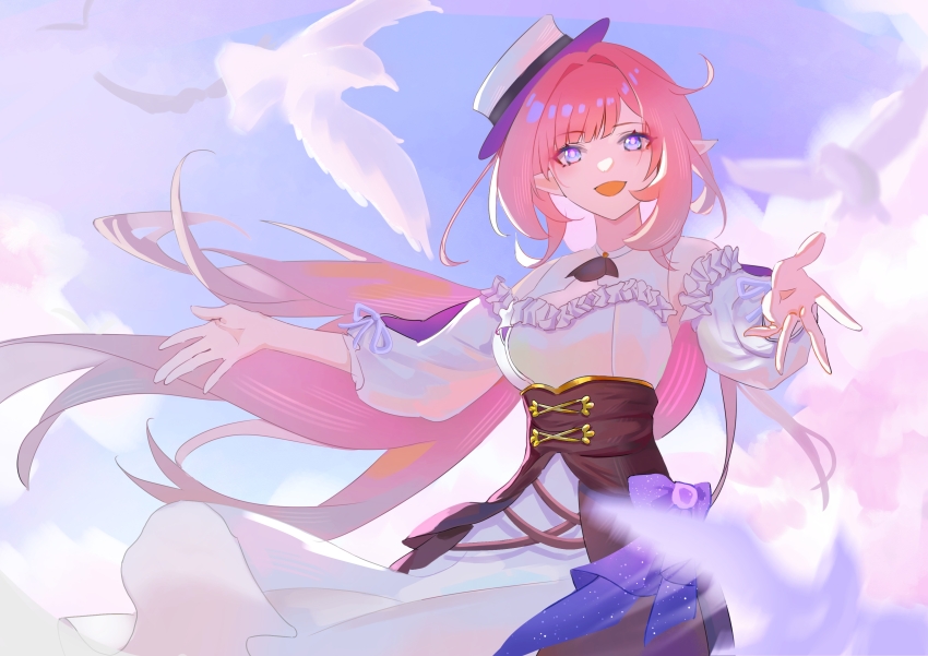 1girl absurdres bird blue_eyes blue_sky breasts chinese_commentary commentary_request detached_sleeves dove dress elf elysia_(honkai_impact) elysia_(sweet_memories)_(honkai_impact) hat he_jiu highres honkai_(series) honkai_impact_3rd long_hair looking_at_viewer official_alternate_costume open_mouth pink_hair pointy_ears sky smile solo tilted_headwear white_dress white_hat