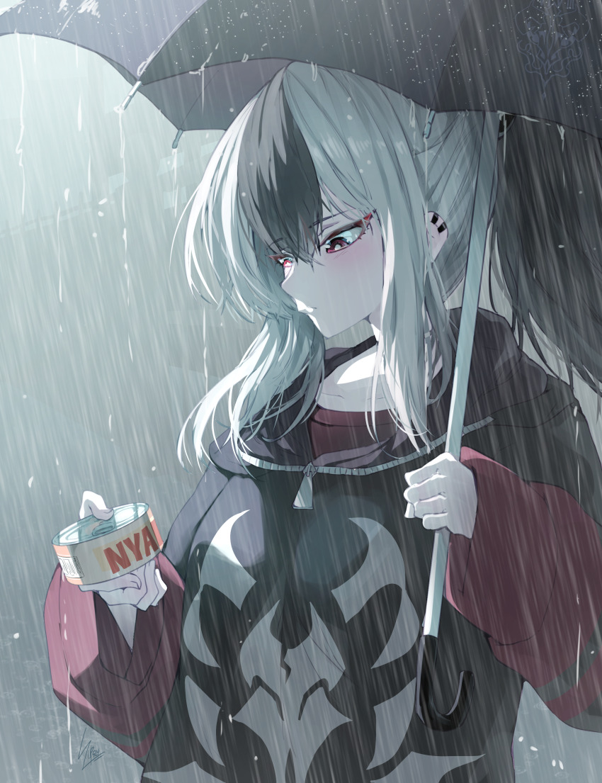 1girl absurdres black_hair blue_archive can demon_girl demon_horns highres hood hoodie horns kayoko_(blue_archive) multicolored_hair rain solo sunnysideup two-tone_hair umbrella white_hair