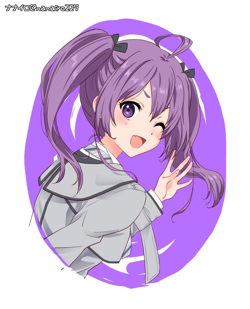1girl 22/7 ;d ahoge artist_name black_ribbon border dress fang grey_dress hair_ribbon highres kamisama_datte_kimerarenai long_sleeves nanairo_(nanairo227) one_eye_closed open_mouth purple_background purple_eyes purple_hair ribbon shirt smile solo tojo_yuki twintails upper_body white_border white_shirt