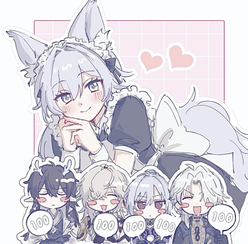 2girls 3girls :3 :c alternate_costume animal_ears apron back_bow baiheng_(honkai:_star_rail) black_dress black_gloves black_hair black_jacket blade_(honkai:_star_rail) blue_dress blue_eyes blue_hair blush bow closed_mouth crossed_arms dan_feng_(honkai:_star_rail) dan_heng_(honkai:_star_rail) dan_heng_(imbibitor_lunae)_(honkai:_star_rail) dragon_horns dress enmaided fox_ears fox_girl fox_tail frilled_apron frills gloves grey_hair grid_background hair_between_eyes hair_intakes hair_over_one_eye heart highres honkai:_star_rail honkai_(series) horns jacket jing_yuan jingliu_(honkai:_star_rail) long_hair maid multiple_girls open_mouth outline pink_background puffy_short_sleeves puffy_sleeves purple_eyes purple_hair sa_(onksicya45) scorecard shirt short_sleeves simple_background smile tail v-shaped_eyes white_apron white_background white_jacket yellow_shirt yingxing_(honkai:_star_rail)