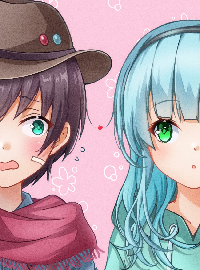 1boy 1girl absurdres asaba_touka black_hairband blush couple green_eyes hairband hat heaven_burns_red highres hood hood_down jacket long_hair looking_at_another rumi_(heaven_burns_red) shirt