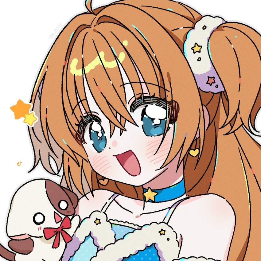 1girl animal bare_shoulders blue_choker blue_eyes brown_hair choker collarbone highres kirarin_revolution long_hair looking_at_viewer na-san open_mouth simple_background smile solo tsukishima_kirari two_side_up upper_body white_background yalmyu