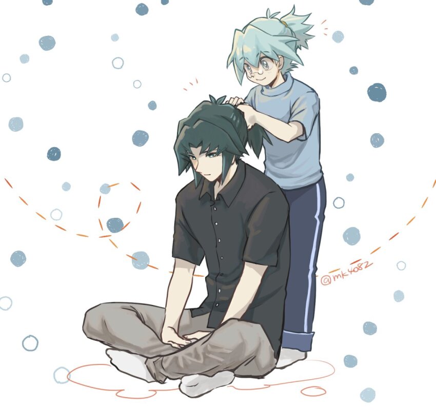 2boys black_shirt blue_hair blue_shirt brothers closed_mouth glasses green_hair grey_pants male_focus marufuji_ryo marufuji_sho moiko multiple_boys pants ponytail shirt short_sleeves siblings sitting smile socks twitter_username tying_hair white_background yu-gi-oh! yu-gi-oh!_gx