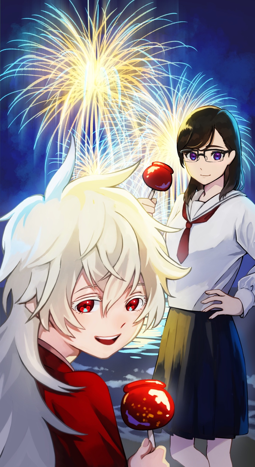 2girls absurdres beach black_skirt candy_apple clenched_hand closed_mouth cowboy_shot double-parted_bangs fingernails fireworks fluffy_hair food glasses haine_(summertime_render) hand_on_own_hip highres holding holding_food ito_yoshi japanese_clothes kimono long_bangs long_sleeves looking_at_viewer looking_back medium_hair minakata_hizuru multiple_girls neckerchief night night_sky ocean open_mouth outdoors over-rim_eyewear parted_bangs pleated_skirt purple_eyes red_eyes red_kimono red_neckerchief reflection sailor_collar sand semi-rimless_eyewear shirt skirt sky smile standing summertime_render swept_bangs teeth upper_body upper_teeth_only white_hair white_sailor_collar white_shirt
