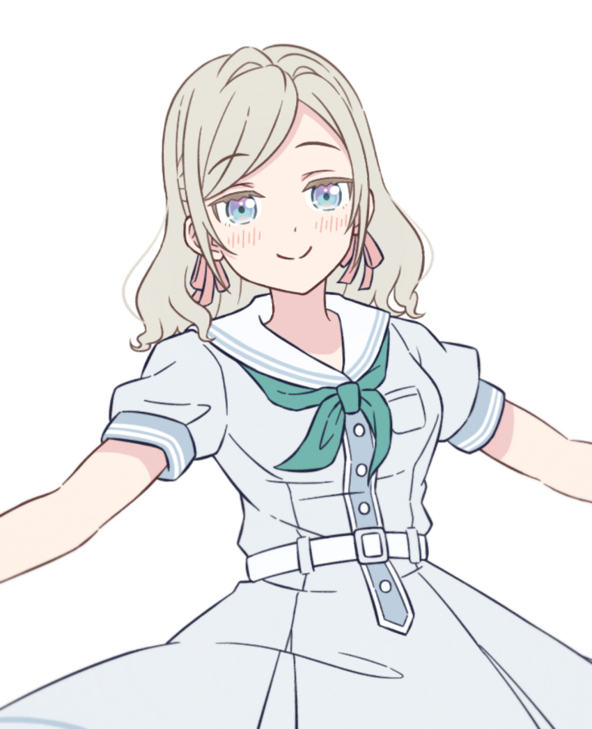 1girl akihitohappy aqua_neckerchief blue_eyes blush breast_pocket breasts ceras_yanagida_lilienfeld closed_mouth commentary_request cowboy_shot design_speculation dress grey_hair hair_ribbon hasu_no_sora_school_uniform highres leg_up link!_like!_love_live! long_hair love_live! medium_breasts neckerchief no_shoes outstretched_arms pink_ribbon pleated_dress pocket puffy_short_sleeves puffy_sleeves ribbon sailor_collar sailor_dress school_uniform short_sleeves simple_background smile solo split_mouth spread_arms standing standing_on_one_leg summer_uniform swept_bangs white_background white_dress white_sailor_collar