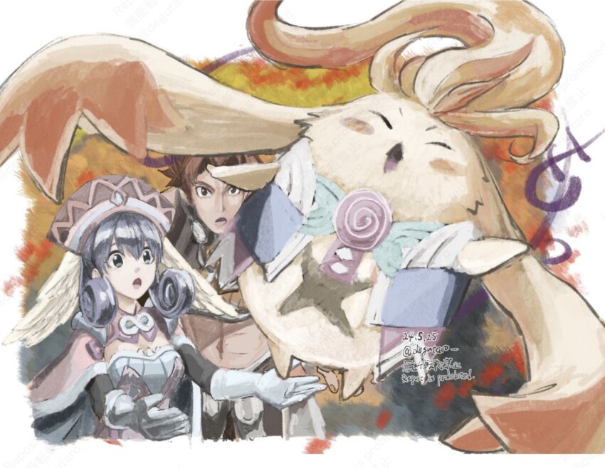 brown_hair grey_hair head_wings ikki_(degutaro_) melia_antiqua nopon open_mouth reyn_(xenoblade) riki_(xenoblade) throwing throwing_person wings xenoblade_chronicles_(series) xenoblade_chronicles_1