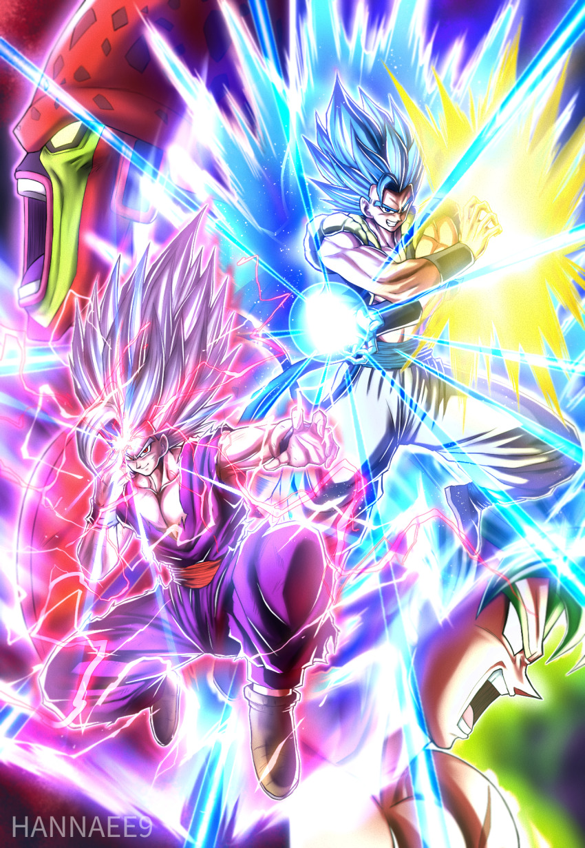 4boys aura black_vest blue_aura broly_(dragon_ball_super) cell_max crossed_arms dragon_ball dragon_ball_super dragon_ball_z_dokkan_battle gogeta gohan_beast green_aura hannaee9 highres legendary_super_saiyan makankousappou male_focus metamoran_vest multiple_boys pants powering_up son_gohan sparkle sparkling_aura super_saiyan super_saiyan_blue transcendent_blazer vest