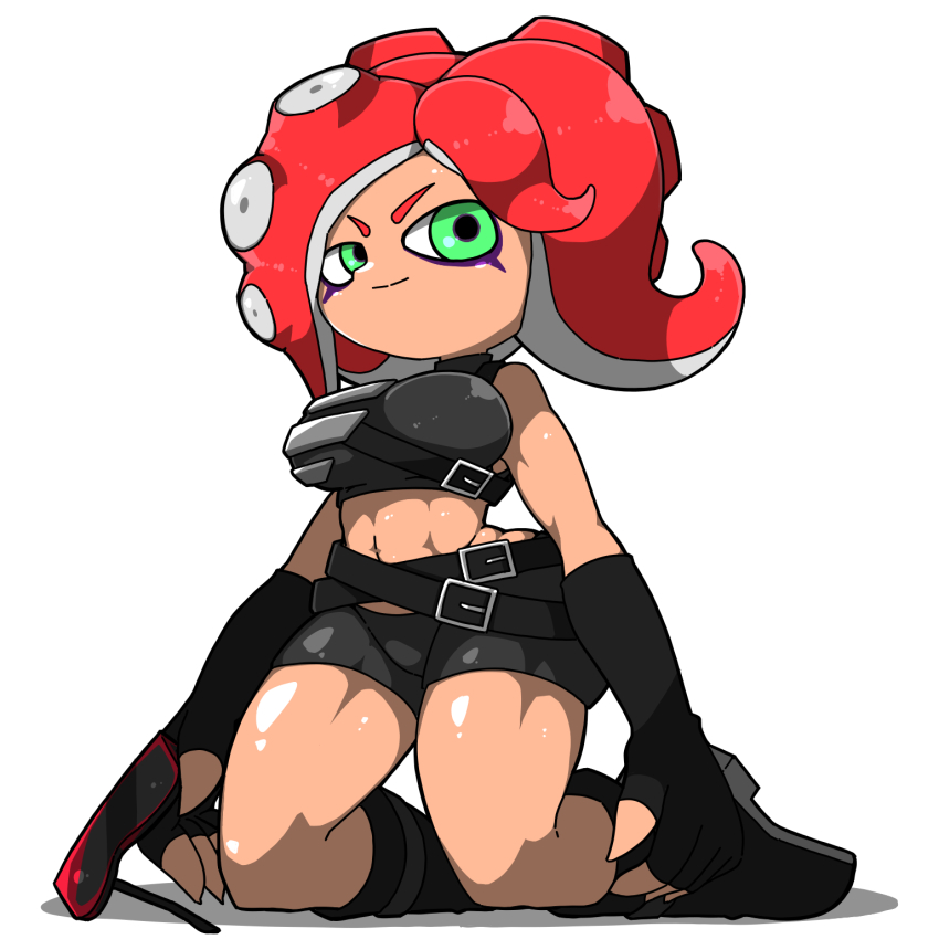 1girl aqua_eyes belt belt_buckle bike_shorts black_belt black_boots black_shorts boots breasts buckle closed_mouth full_body highres holding holding_removed_eyewear kneeling medium_breasts name_omoitukan2 nintendo octoling red_hair shadow shiny_skin short_hair shorts simple_background smile solo splatoon_(series) splatoon_2 split_mouth sunglasses takozonesu tentacle_hair unworn_eyewear white_background