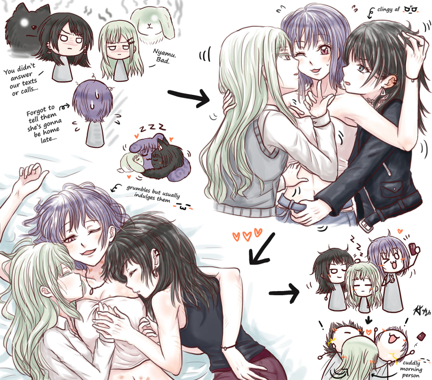3girls animalization arrow_(symbol) athyra bang_dream! bang_dream!_it&#039;s_mygo!!!!! bite_mark bite_mark_on_shoulder black_hair black_jacket blue_eyes blush closed_eyes closed_mouth commentary cuddling earrings english_commentary girl_sandwich grabbing_another&#039;s_breast green_hair grey_sweater groping heart hickey jacket jewelry long_hair mortis_(bang_dream!) mortis_(persona)_(bang_dream!) multiple_girls necklace one_eye_closed parted_lips pink_eyes polygamy purple_hair sandwiched shirt sleeping smile strapless sweater tube_top wakaba_mutsumi white_shirt white_tube_top yahata_umiri yuri yuutenji_nyamu