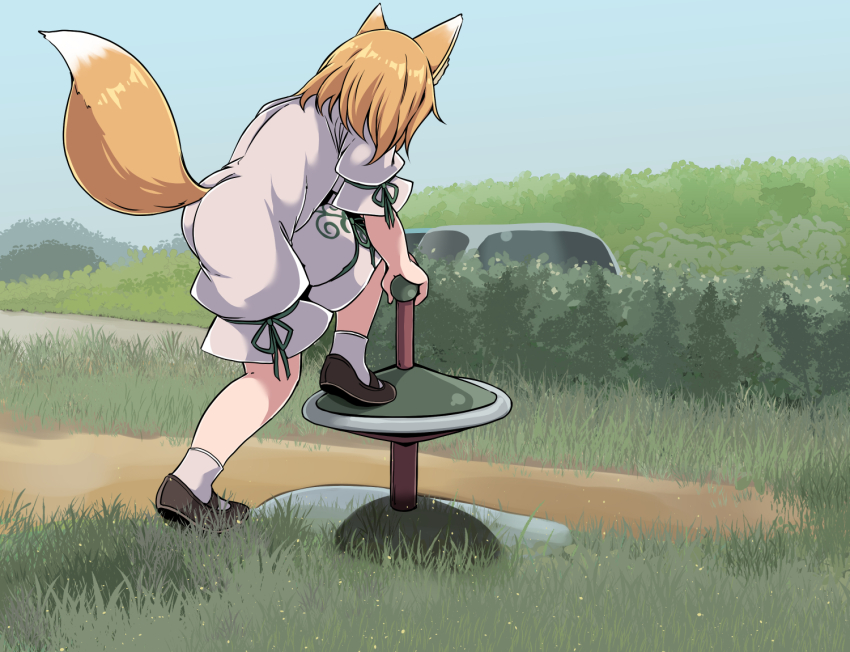 1girl animal_ears blonde_hair blue_sky clear_sky commentary_request day fox_ears fox_girl fox_tail from_behind full_body grass green_ribbon kudamaki_tsukasa outdoors photo-referenced playground_carousel ribbon rock short_hair siw0n sky sleeve_ribbon solo tail touhou white_romper
