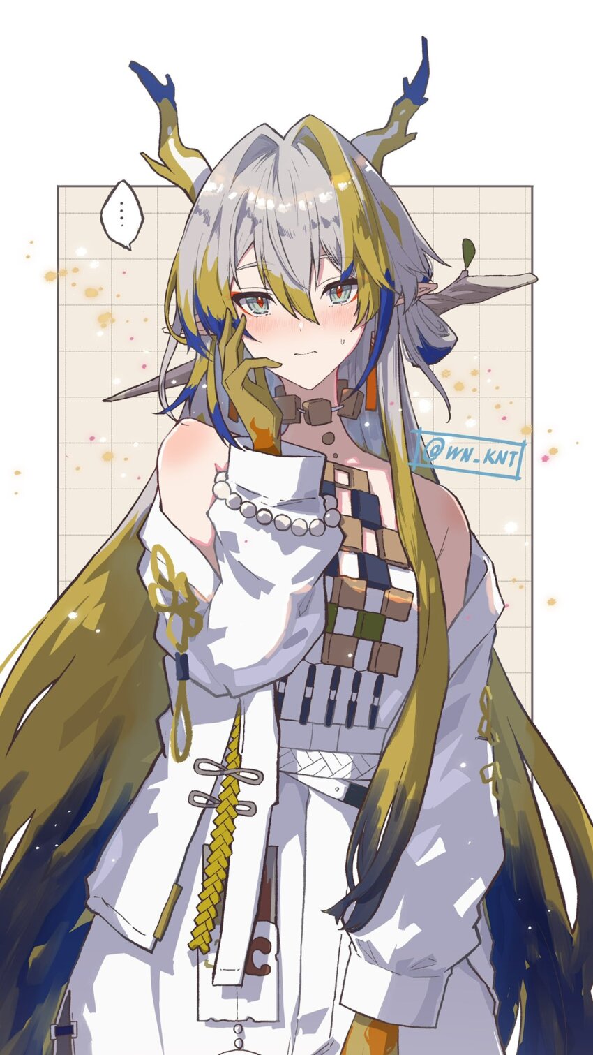 ... 1girl arknights bead_bracelet beads blonde_hair blue_hair blush border bracelet colored_skin commentary_request cowboy_shot dragon_horns grey_eyes grey_hair grid_background hair_ornament hair_stick highres horns jacket jewelry looking_at_viewer multicolored_hair necklace nervous off_shoulder pants red_pupils shirt shoulder_blush shu_(arknights) sleeveless sleeveless_shirt solo spoken_ellipsis twitter_username white_background white_jacket white_pants white_shirt wn_(wani-noko) yellow_background yellow_skin