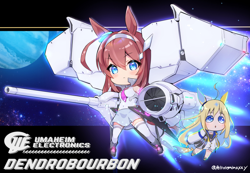 1girl 2girls absurdres ahoge animal_ears blonde_hair blue_eyes blue_hair brown_hair chibi closed_mouth colored_inner_hair commentary_request dendrobium_schema ear_ornament grey_background grey_skirt gundam gundam_0083 hairband highleg highleg_leotard highres hood hood_down hoodie horse_ears horse_girl horse_tail leotard looking_at_viewer mecha_musume mihono_bourbon_(umamusume) miniskirt multicolored_hair multiple_girls necktie neo_universe_(umamusume) peteron pink_necktie skirt solo streaked_hair tail thighhighs twitter_username umamusume white_hairband white_hoodie white_leotard white_thighhighs