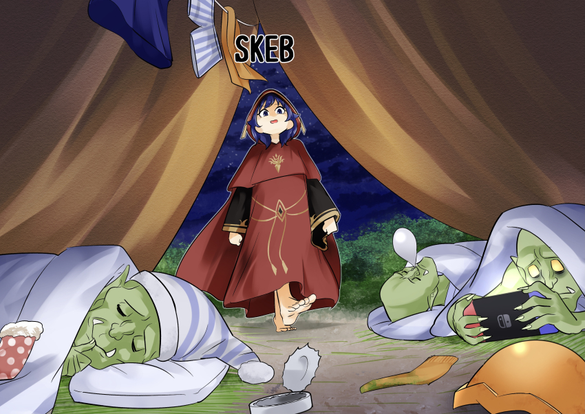 1girl 3boys absurdres barefoot blanket blue_eyes blue_hair colored_skin commentary commission duel_monster evil_smile full_body gameplay_mechanics goblin goblin_attack_force green_skin highres lo_the_prayers_of_the_voiceless_voice looking_down multiple_boys night nintendo_switch red_robe robe sawan_cutman skeb_commission smile tent walking yu-gi-oh!