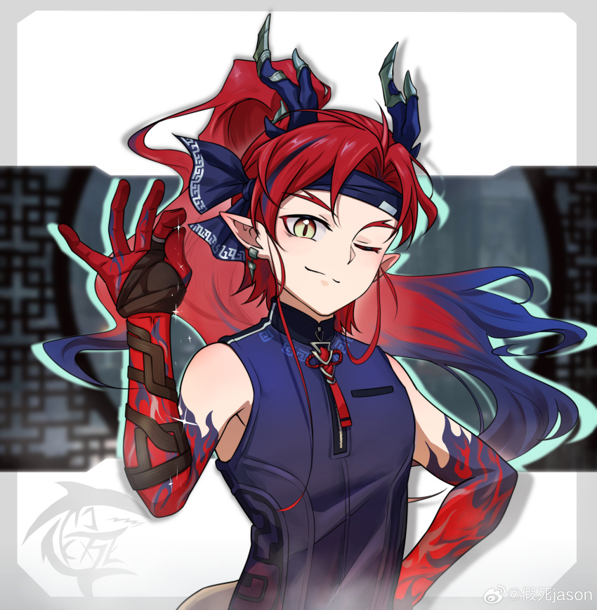 1boy absurdres arknights black_shirt chinese_commentary commentary_request dragon_boy dragon_horns hand_on_own_hip highres horns jason_(jiasi997521) male_focus meme one_eye_closed pointy_ears ponytail red_hair salt_bae_(meme) shirt sleeveless sleeveless_shirt smile upper_body watermark weibo_watermark yu_(arknights)