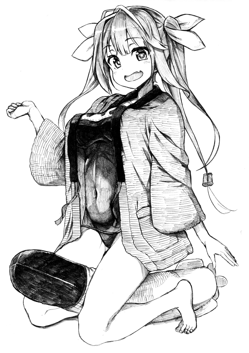 1girl :3 absurdres barefoot breasts coat commentary fang full_body hanten_(clothes) highres i-19_(kancolle) kantai_collection large_breasts monochrome name_tag old_school_swimsuit school_swimsuit skin_fang solo stuffed_torpedo swimsuit torpedo tsuji_kazuho twintails