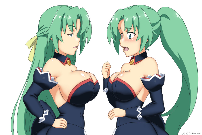 2girls abridged-satoko aqua_eyes bare_shoulders blush breast_envy breasts cleavage green_hair highres higurashi_no_naku_koro_ni huge_breasts large_breasts long_hair looking_at_breasts maid multiple_girls open_mouth ponytail siblings sideboob simple_background sisters sonozaki_mion sonozaki_shion twins white_background