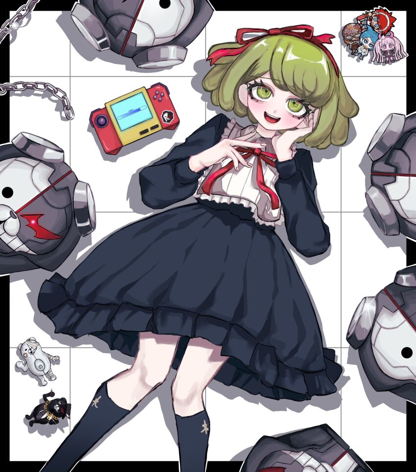 1girl :d black_dress black_socks daimon_masaru_(danganronpa) danganronpa_(series) danganronpa_another_episode:_ultra_despair_girls dress feet_out_of_frame green_eyes green_hair hairband handheld_game_console highres kemuri_jataro kneehighs kurokuma_(danganronpa) long_sleeves lying monokuma neck_ribbon on_back open_mouth red_hairband red_ribbon ribbon robot shingetsu_nagisa shiosai_310 shirokuma_(danganronpa) smile socks teeth towa_monaca upper_teeth_only utsugi_kotoko