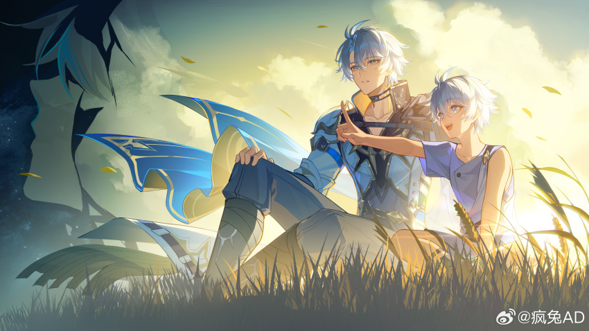 absurdres age_comparison armor black_choker blue_eyes cape choker cloud cloudy_sky fengtu_ad hair_between_eyes highres honkai:_star_rail honkai_(series) male_focus on_grass outdoors phainon_(honkai:_star_rail) shirt short_hair sitting sky sunlight tattoo watermark wheat white_hair