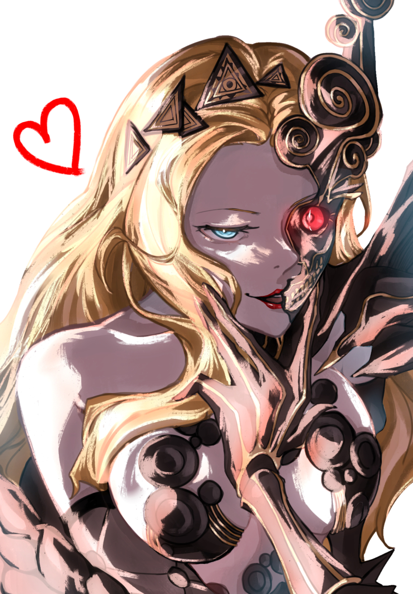 1girl blonde_hair blue_eyes breasts colored_skin commentary_request demon_(megami_tensei) eyelashes heart highres large_breasts long_hair looking_at_viewer naamah_(megami_tensei) open_mouth red_eyes red_lips shin_megami_tensei shin_megami_tensei_v shin_megami_tensei_v:_vengeance simple_background solo upper_body wavy_hair white_background white_skin zero85727146