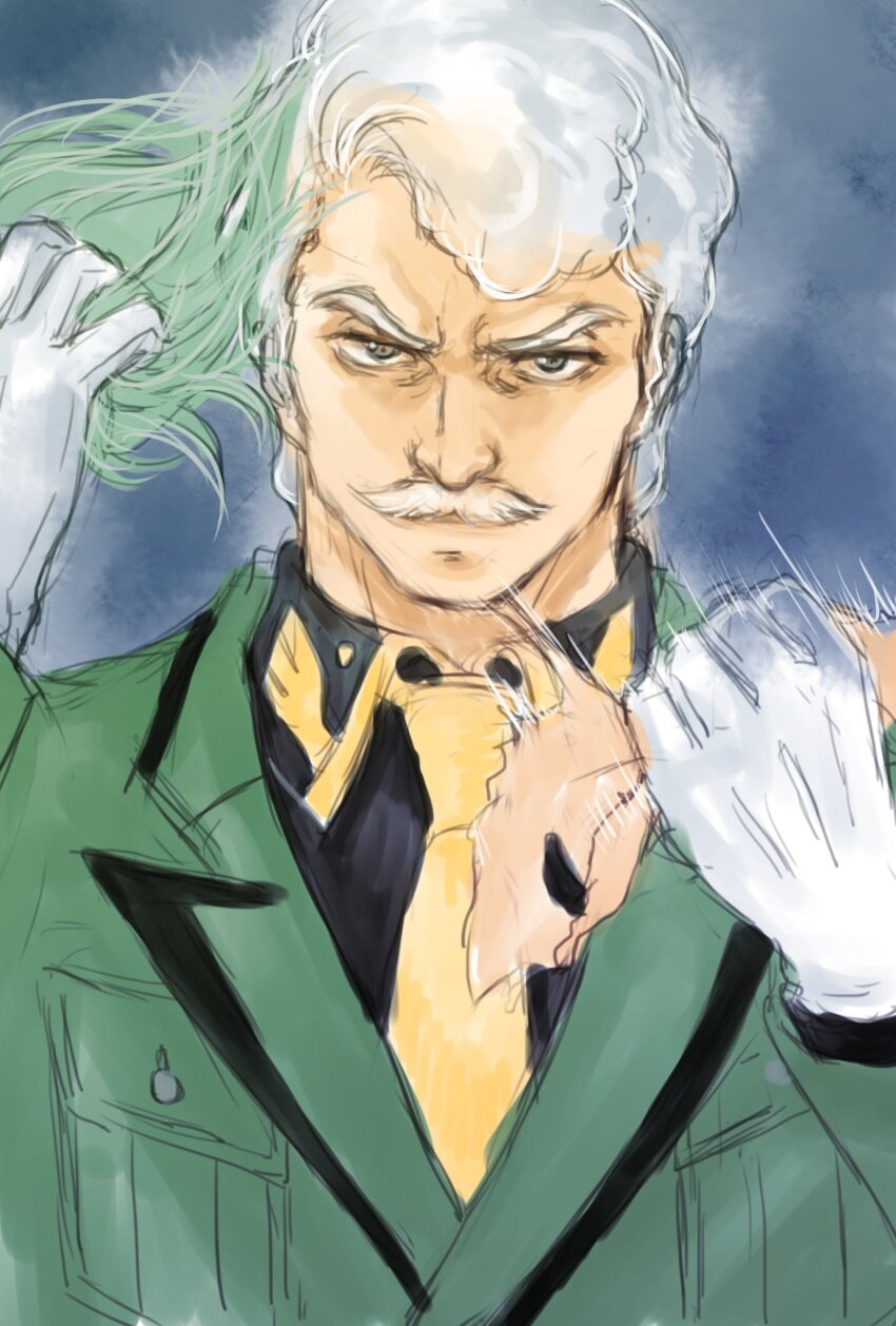 1boy blue_background challia_bull collared_shirt curly_hair facial_hair frown gloves green_hair grey_eyes gundam gundam_gquuuuuux highres holding_wig jacket looking_at_viewer male_focus military_uniform mobile_suit_gundam mustache removing_disguise shirt short_hair simple_background solo takeda_yuuko unworn_wig upper_body white_hair wig